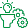 A green coloured icon featuring the half outline of a side profile of a face, with a light bulb at the top and gears on the side, symbolizing ideas and innovation.