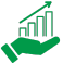 A green-colored icon featuring a hand displaying a growth graph, symbolizing continuous improvement.