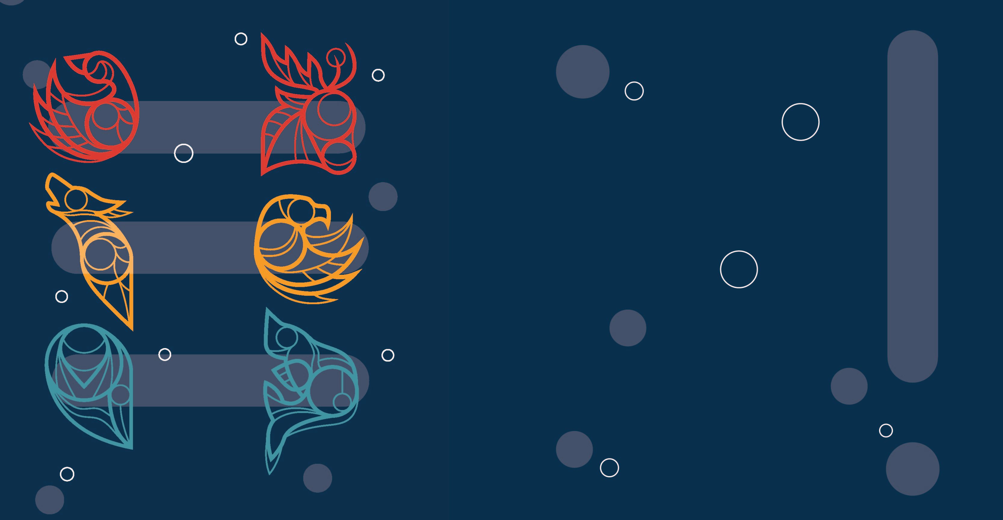 A background art in dark blue for the 2023 CPA Indigenous Education Program Webinar with animal ,bird and fish icons on the left side in red, yellow and blue colours. 