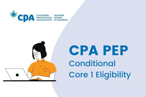 An video thumb nail of CPA PEP conditional core 1 requirement as a title with a cartoon character of a girl typing on a laptop. The CPAWSB logo is visible on the top left. 