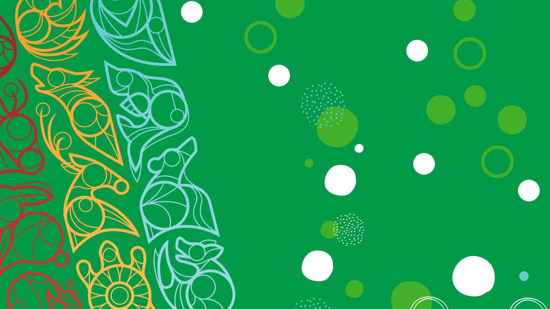 An illustration used as a background image for events and media. The background is green in colour with Indigenous icons overlaid on top with sphere randomly to the left.