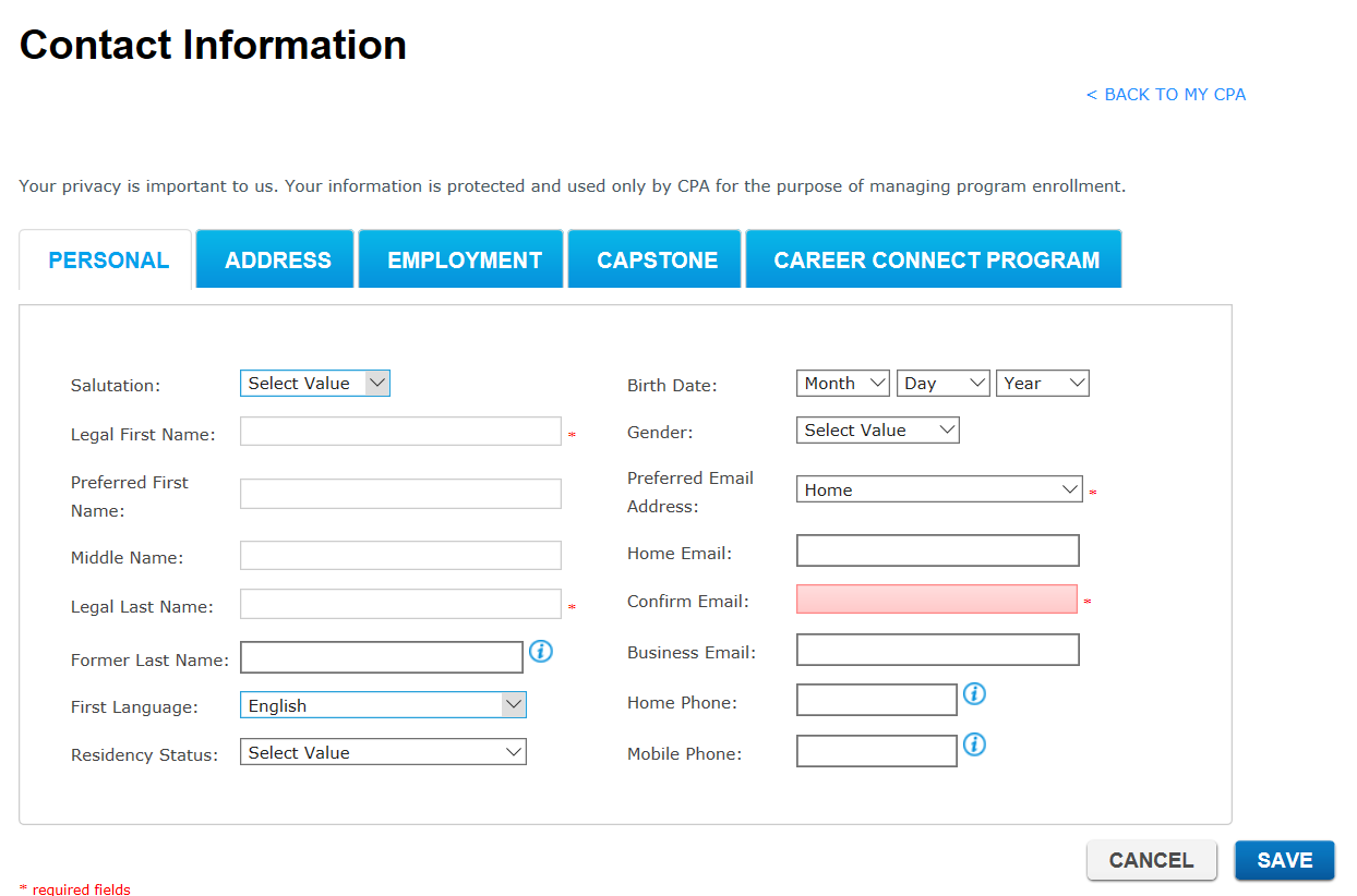 My CPA portal menu Contact Information