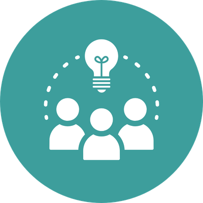 a group of people with a light bulb above them
