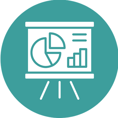 a white and blue circle with a graph and pie chart