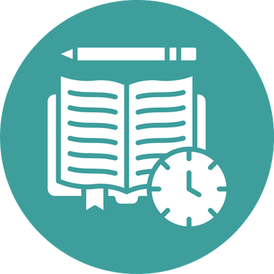 a white icon with a pen and a book and clock