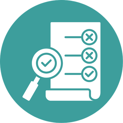 a blue circle with a white checklist and a magnifying glass