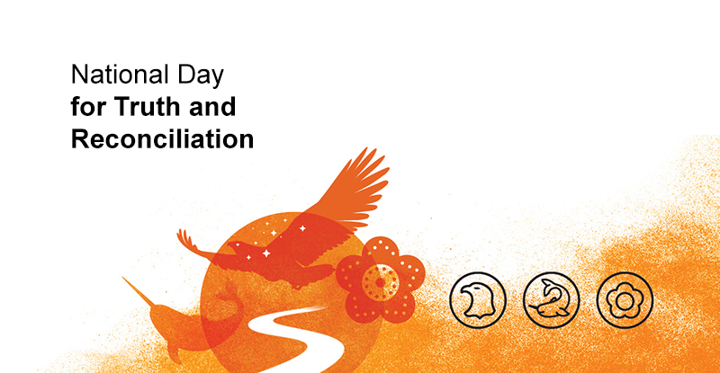 The circle is at the centre, which represents being together in spirit of reconciliation. The orange colour represents truth-telling and healing. The pathway represents the road to reconciliation. First Nations, Inuit and Métis are represented by the eagle, narwhal and beaded flower in the image. The stars represent the children who never made it home from residential schools.