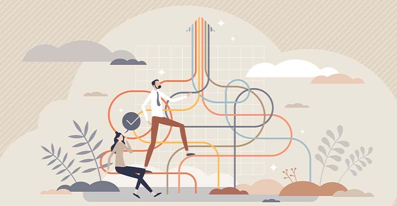 Effective Elective Planning: Part 3 An illustration of colourful pipelines starting as squiggly lines at the bottom and converging at the top to form an upward-pointing arrow. A man and woman stand nearby, looking at the formation thoughtfully, symbolizing progress and direction.