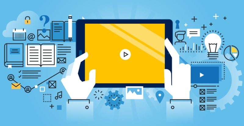What’s the learning format for a core CPA preparatory course? An illustration featuring a tablet with a play button at the centre of its screen, surrounded by books, a pencil, and gear icons. A hand is holding the tablet.