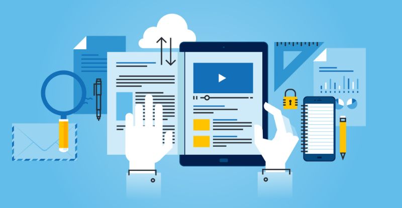 What's the learning format for a non-core CPA preparatory course? An illustration featuring a tablet with a play button at the centre of its screen, surrounded by books, a pencil, and gear icons. A hand is holding the tablet.