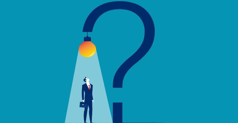 How to Choose the Correct Registration Session as an MOU An illustration on a blue background featuring a large dark blue question mark with a glowing bulb hanging at its curve. The light from the bulb illuminates a man carrying a suitcase, standing underneath and looking up at it, symbolizing curiosity and seeking answers.