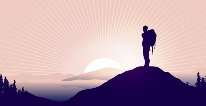 Navigating the CPA Professional Education Program Admission Process An illustration of a man with a bag pack is looking at a sunrise from the top of a mountain.