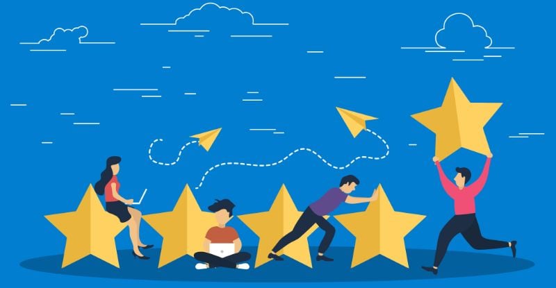 Capstone 1 Presentation Tips from CPA Panelist An illustration featuring five stars arranged in ascending order, each with an individual working toward them. The person on the fifth star holds it triumphantly above their head. The background is blue with lines of cartoon-like clouds scattered throughout, symbolizing achievement and progress.